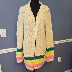 Handmade Chunky Knit Cottagecore Cream Cardigan with Colorful Stripes M